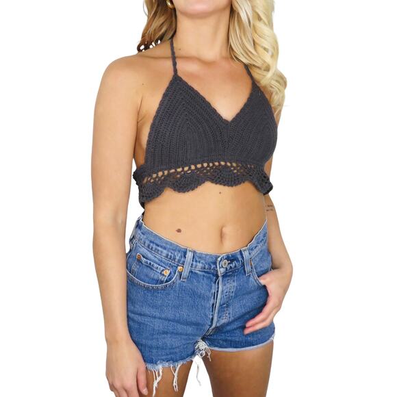Urban Taylor & Sage  Gray Crochet Bralette Top Medium Knit Halter Crunchy - Picture 3 of 6